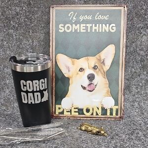 Corgi Themed Gift Set, Corgi Sign, Tumbler, Brass Paperweight, 3pc Set